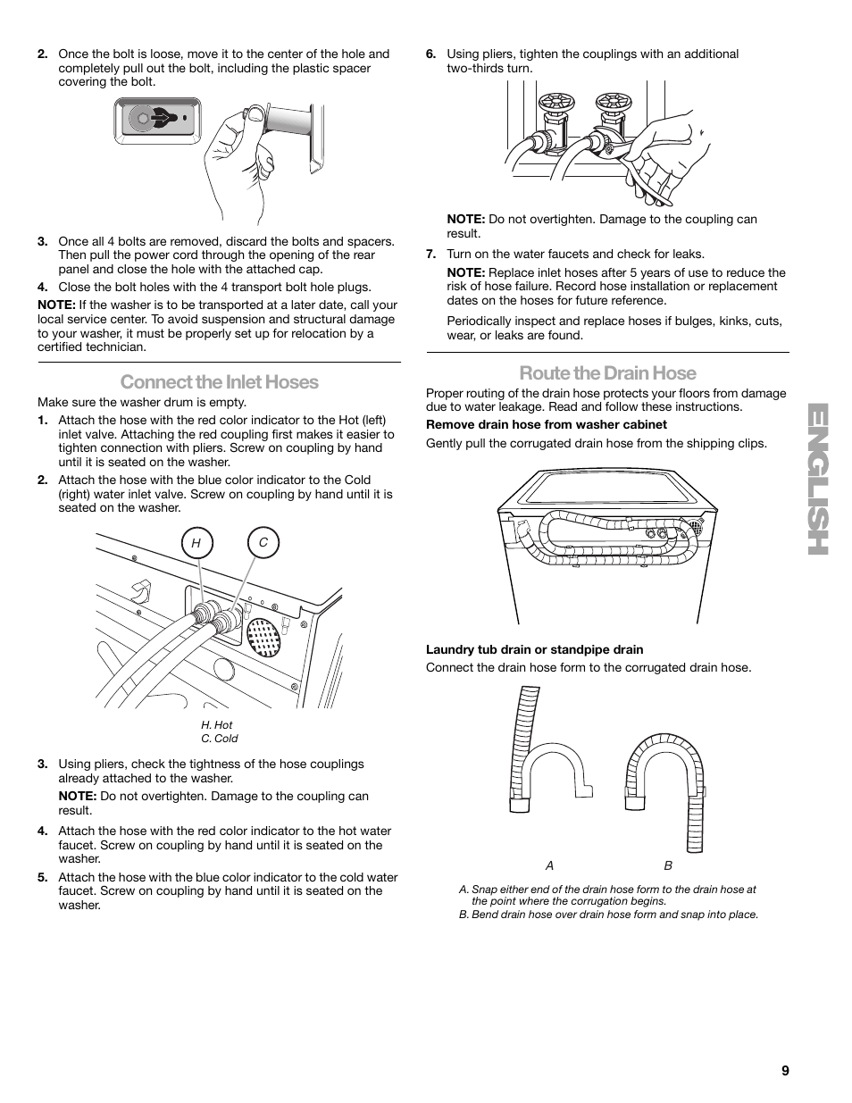 Connect the inlet hoses, Route the drain hose | Kenmore 110.4708 User Manual | Page 9 / 80