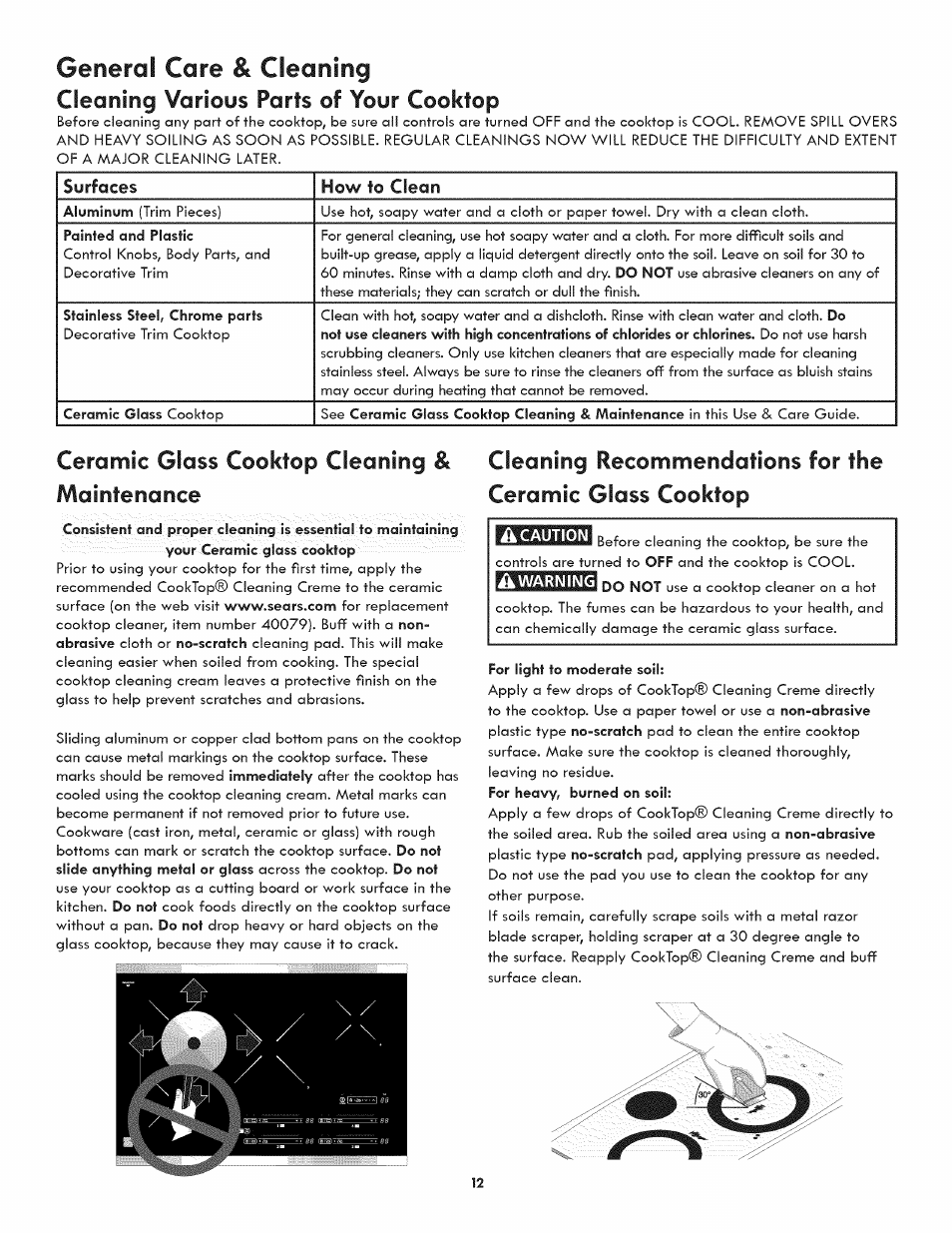 Ceramic glass cooktop cleaning & maintenance, General care & cleaning, Cleaning various parts of your cooktop | Kenmore 790.4382* User Manual | Page 12 / 16
