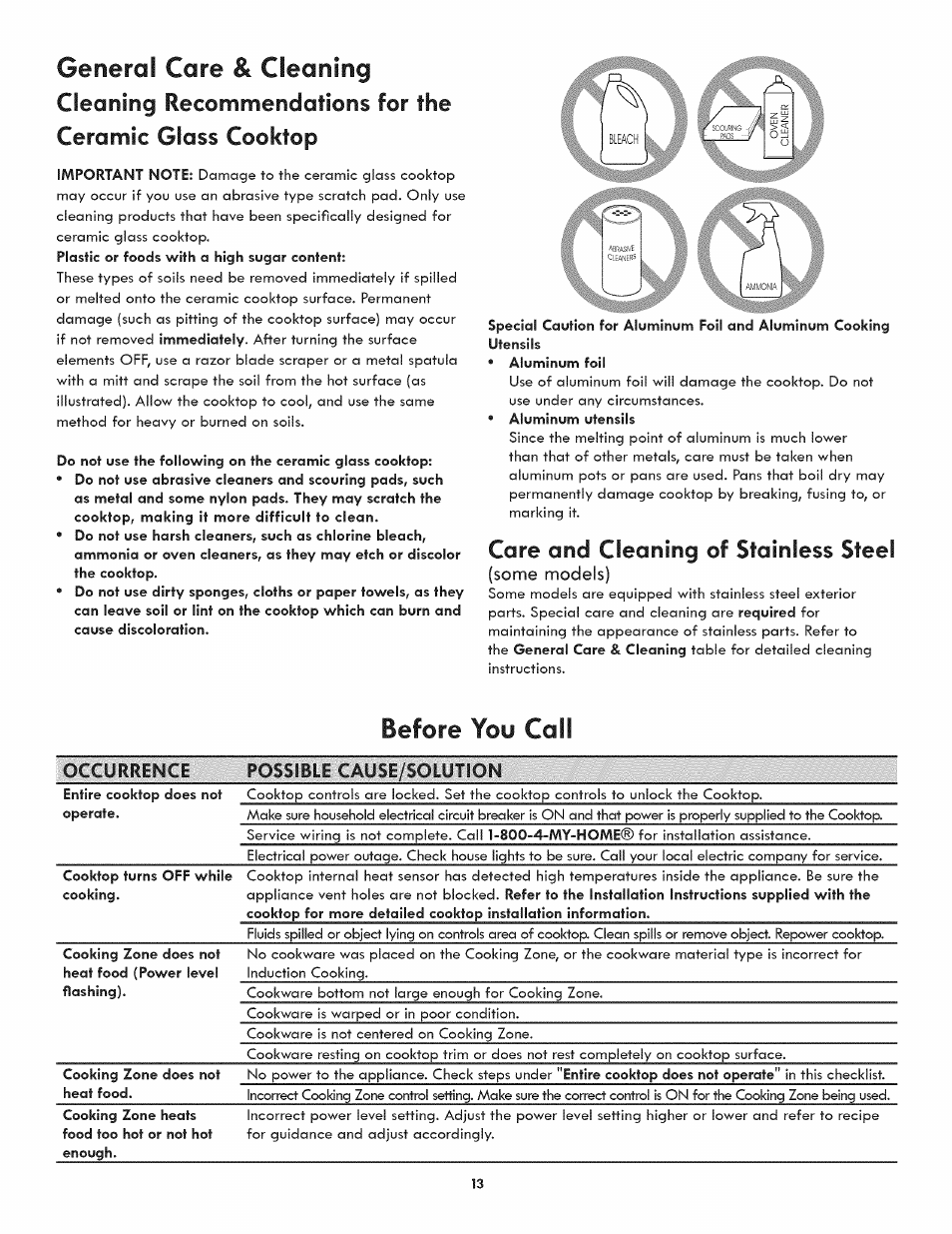Care and cleaning of stainless steel, General care & cleaning, Before you call | 1a / ii bleach, Ü_ _ _w w | Kenmore 790.4382* User Manual | Page 13 / 16