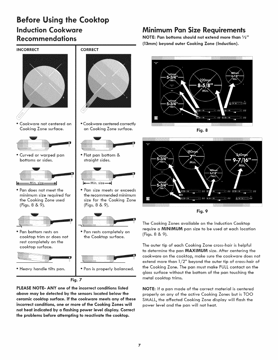 Minimum pan size requirements, Before using the cooktop, Induction cookware recommendations | Kenmore 790.4382* User Manual | Page 7 / 16