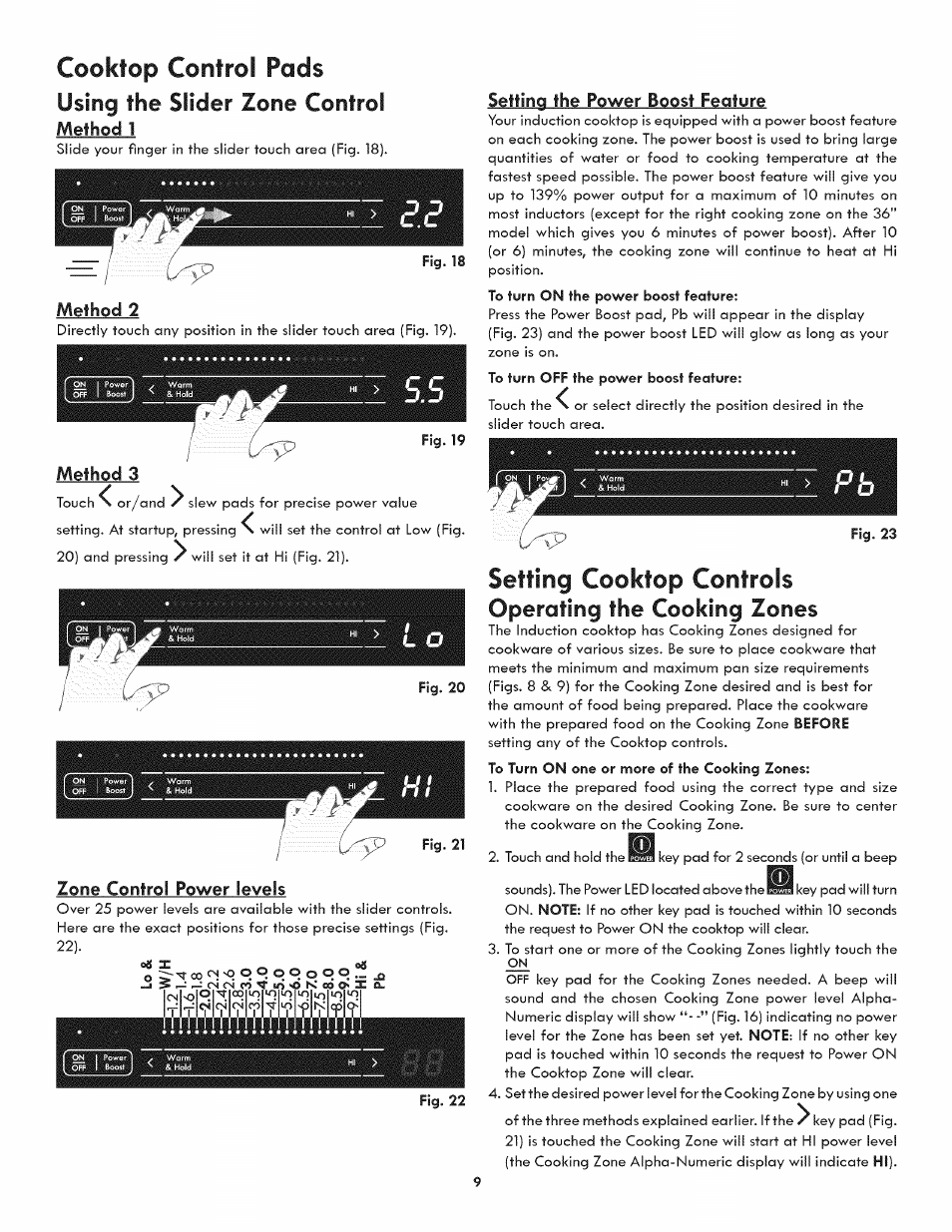 Cooktop control pads, Operating the cooking zones, Setting cooktop controls | Using the slider zone control | Kenmore 790.4382* User Manual | Page 9 / 16