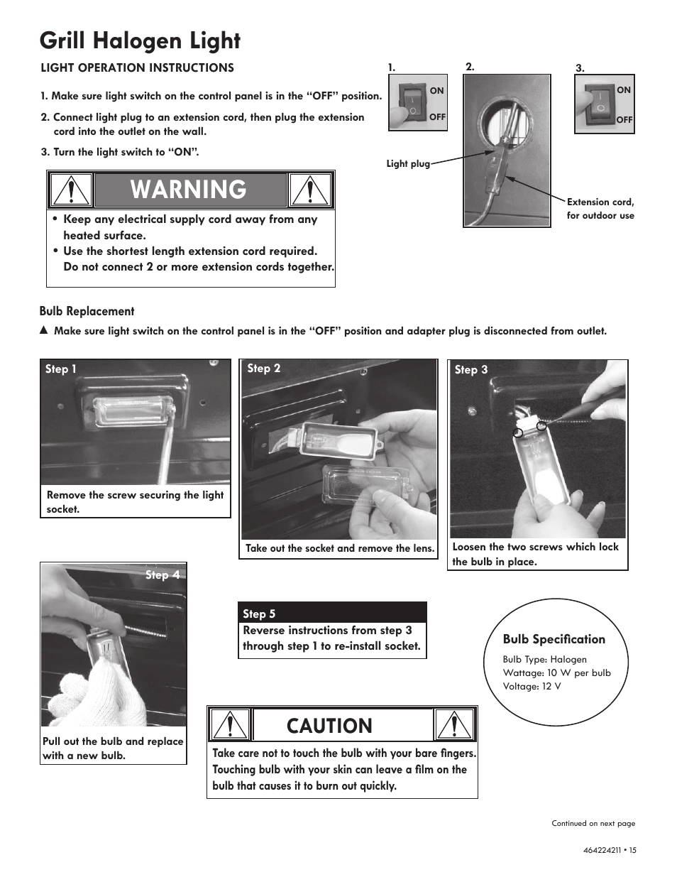 Warning, Grill halogen light, Caution | Kenmore ELITE 464224211 User Manual | Page 15 / 28