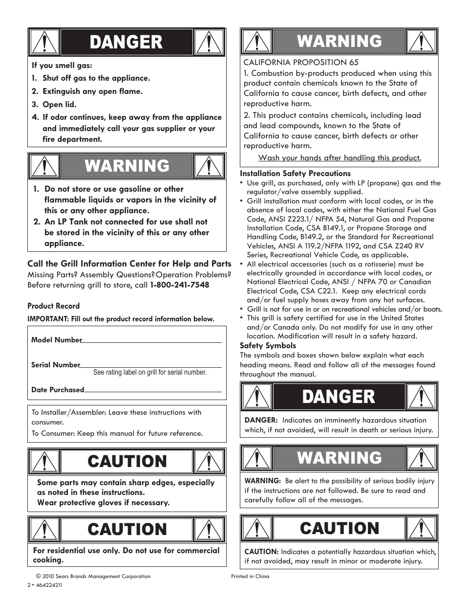 Danger, Caution, Warning | Kenmore ELITE 464224211 User Manual | Page 2 / 28