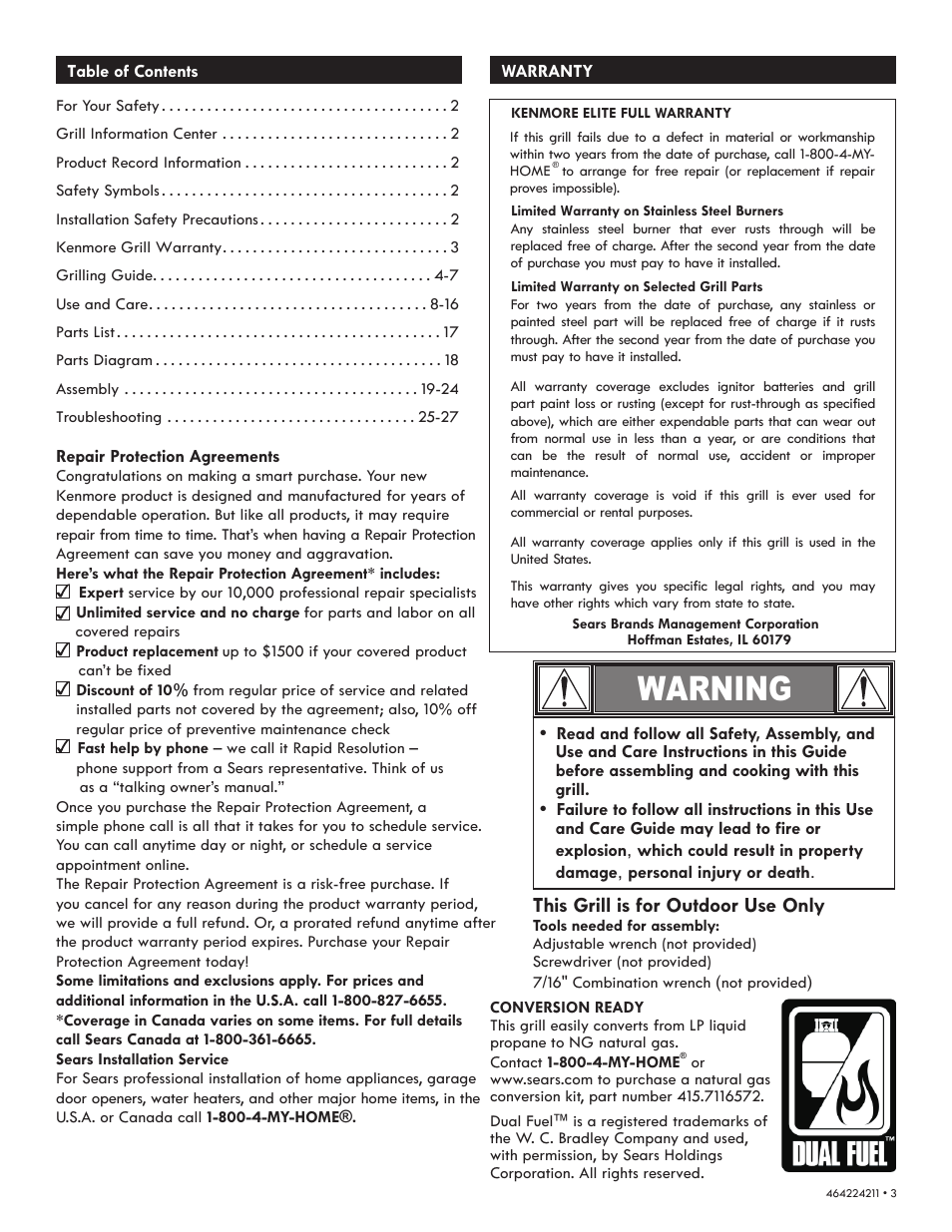 Warning, This grill is for outdoor use only | Kenmore ELITE 464224211 User Manual | Page 3 / 28