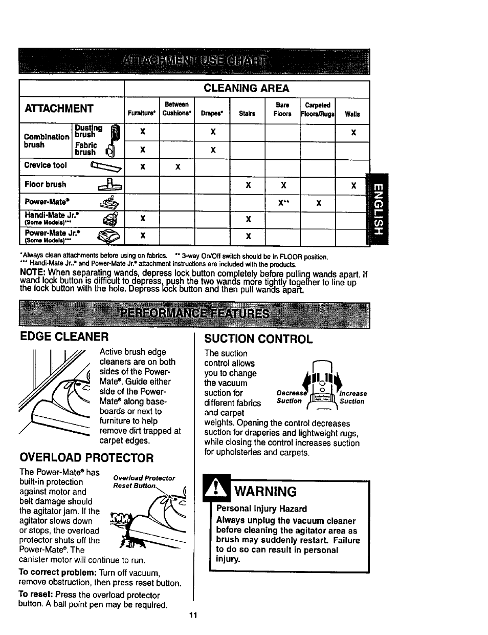 Edge cleaner, Overload protector, Suction control | Warning | Kenmore 11 User Manual | Page 11 / 40