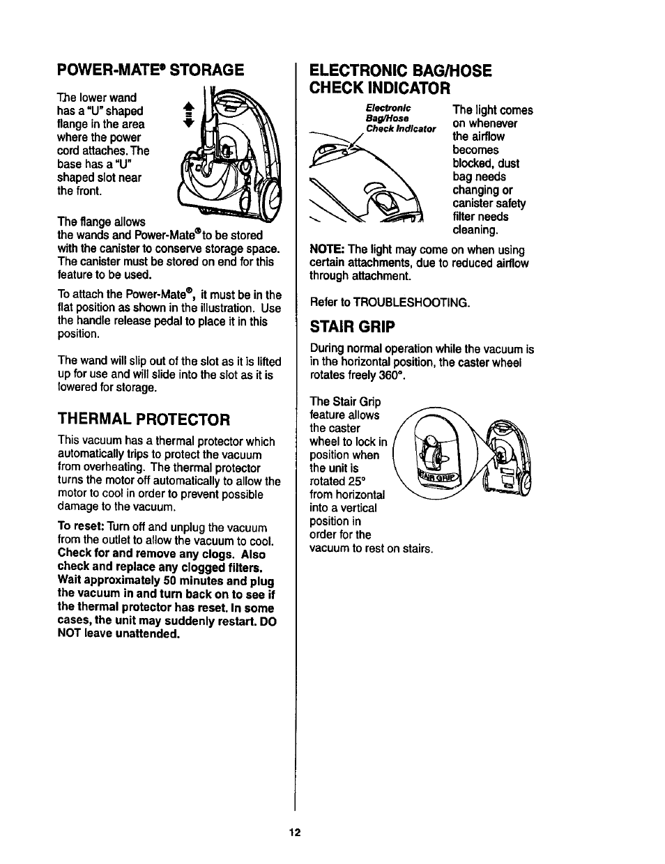 Power-mate* storage, Thermal protector, Electronic bag/hose check indicator | Stair grip, Power>mate jr.* storage | Kenmore 11 User Manual | Page 12 / 40