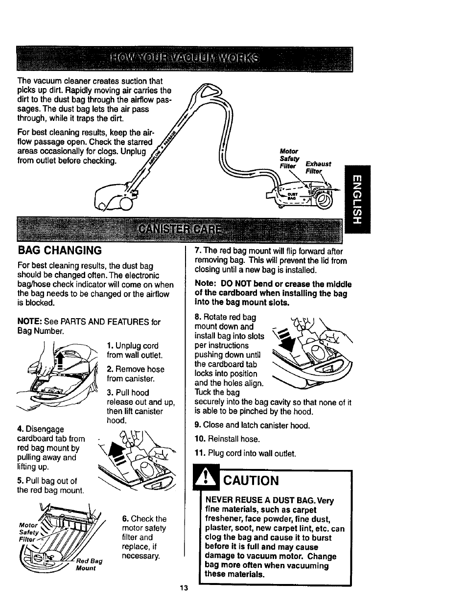 Bag changing, Caution | Kenmore 11 User Manual | Page 13 / 40