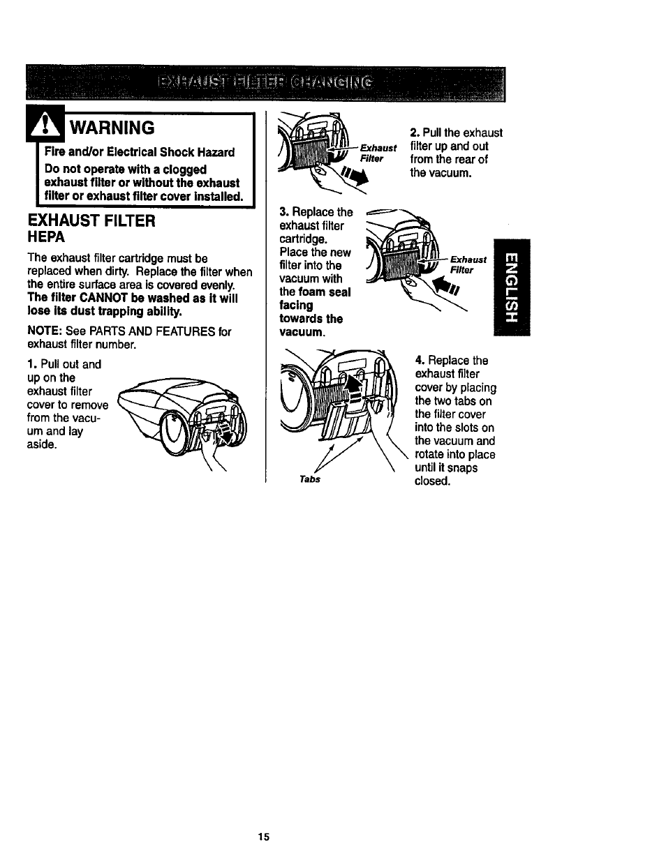 Warning, Fire and/or electrical shock hazard, Exhaust filter hepa | Exhaust filter | Kenmore 11 User Manual | Page 15 / 40