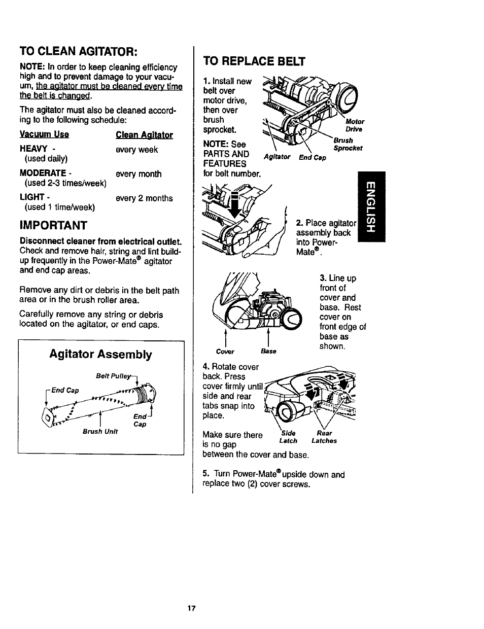 To clean agitator, Important, Clean agitator | To replace belt | Kenmore 11 User Manual | Page 17 / 40