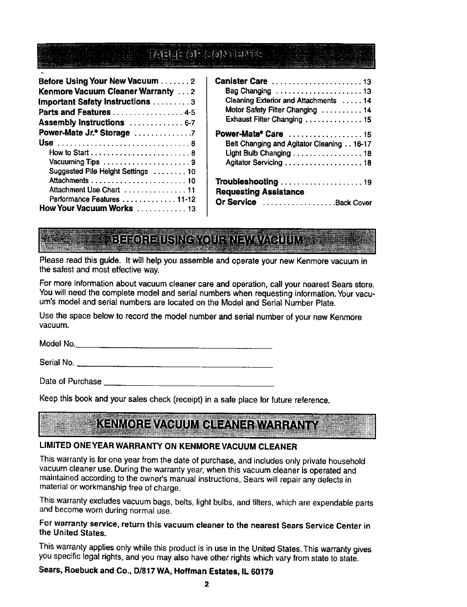 Or service back cover, Kenmore vacuum cleaner warranty | Kenmore 11 User Manual | Page 2 / 40