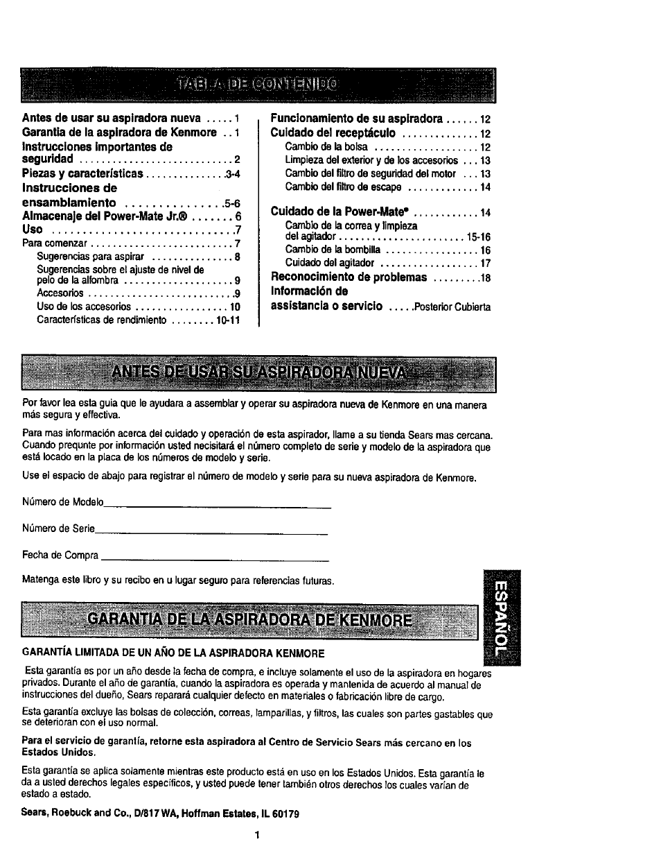 Garantia dl, Aspiradora de kenmore, Antes de usar su aspiradora nueva | Almacenaje del power-mate jr.® uso, Cuidado de la power-mate | Kenmore 11 User Manual | Page 21 / 40