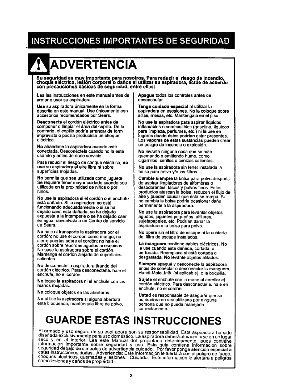 Instrucciones importantes de seguridad, Advertencia, Guarde estas instrucciones | Kenmore 11 User Manual | Page 22 / 40