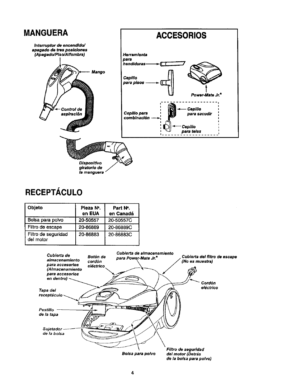 Manguera, Receptaculo, Accesorios | Kenmore 11 User Manual | Page 24 / 40