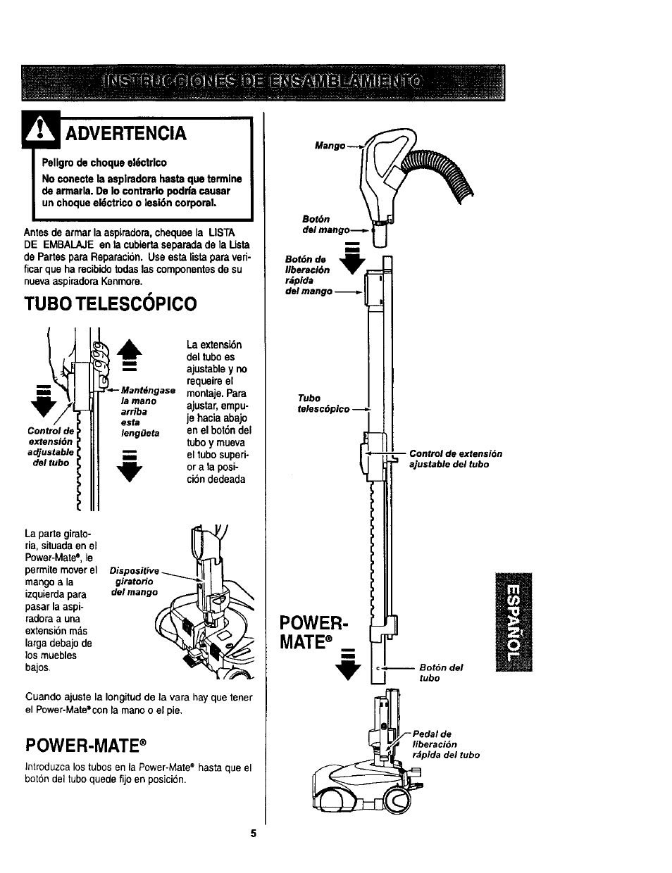 Advertencia, Peligro de choque eléctrico, Tubo telescópico | Power-mate, Powermate, Power­ mate | Kenmore 11 User Manual | Page 25 / 40