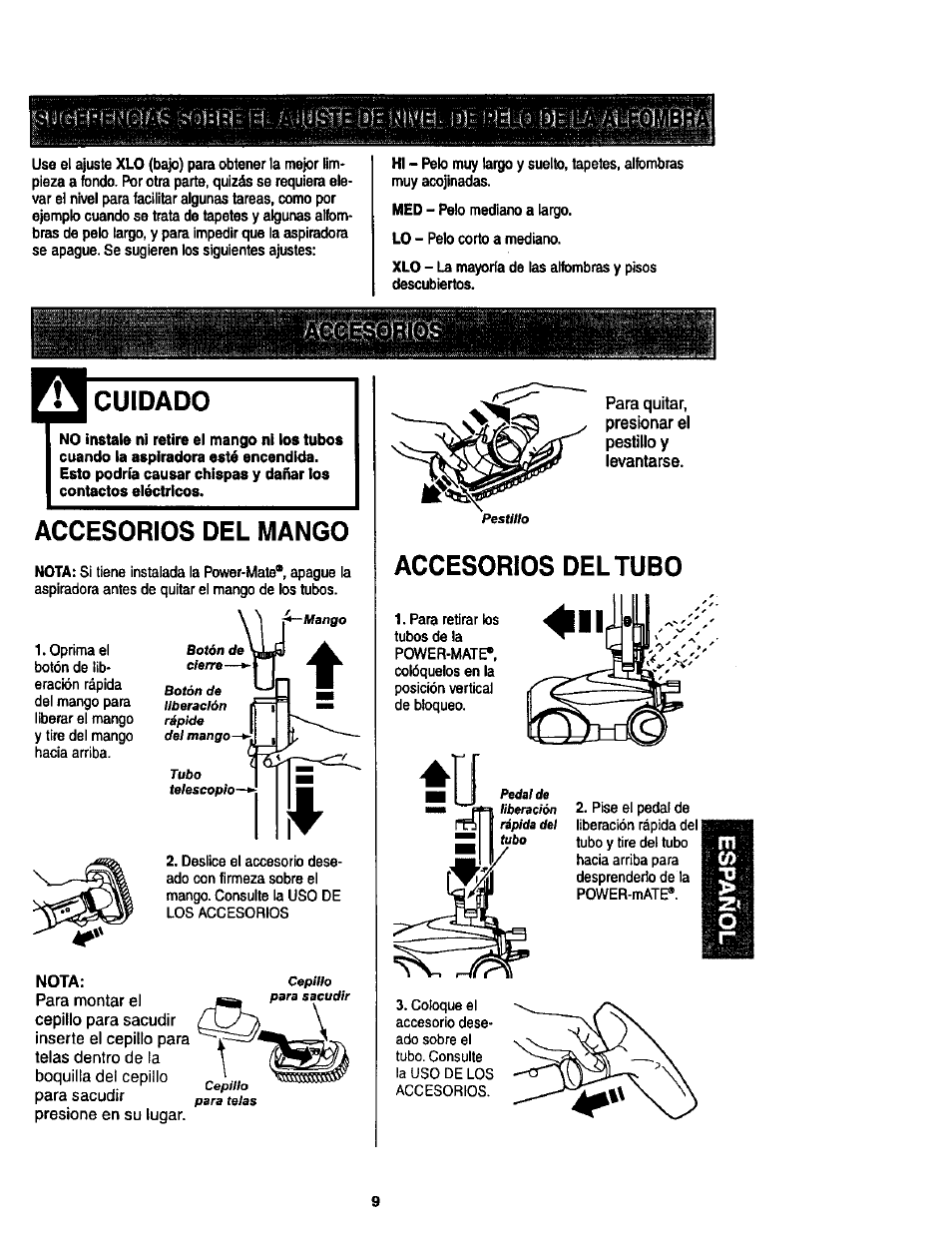 Cuidado, Accesorios del mango, Nota | Accesorios deltubo | Kenmore 11 User Manual | Page 29 / 40