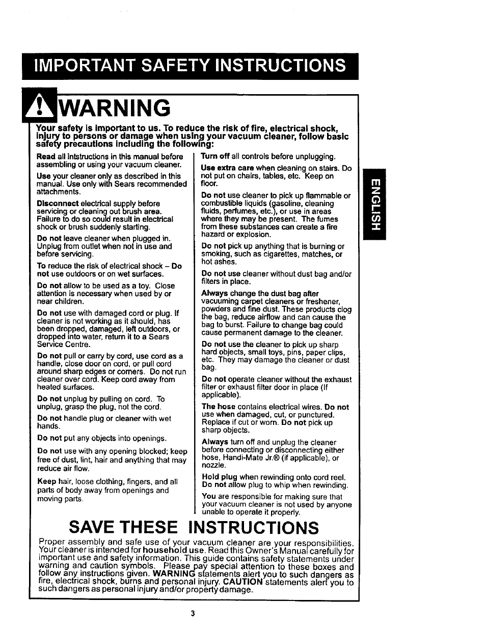 Warning, Important safety instructions, Save these instructions | Kenmore 11 User Manual | Page 3 / 40