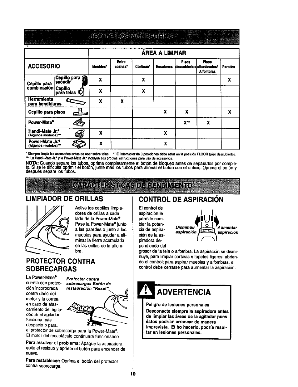 Limpiador de orillas, Protector contra sobrecargas, Control de aspiracion | Advertencia | Kenmore 11 User Manual | Page 30 / 40