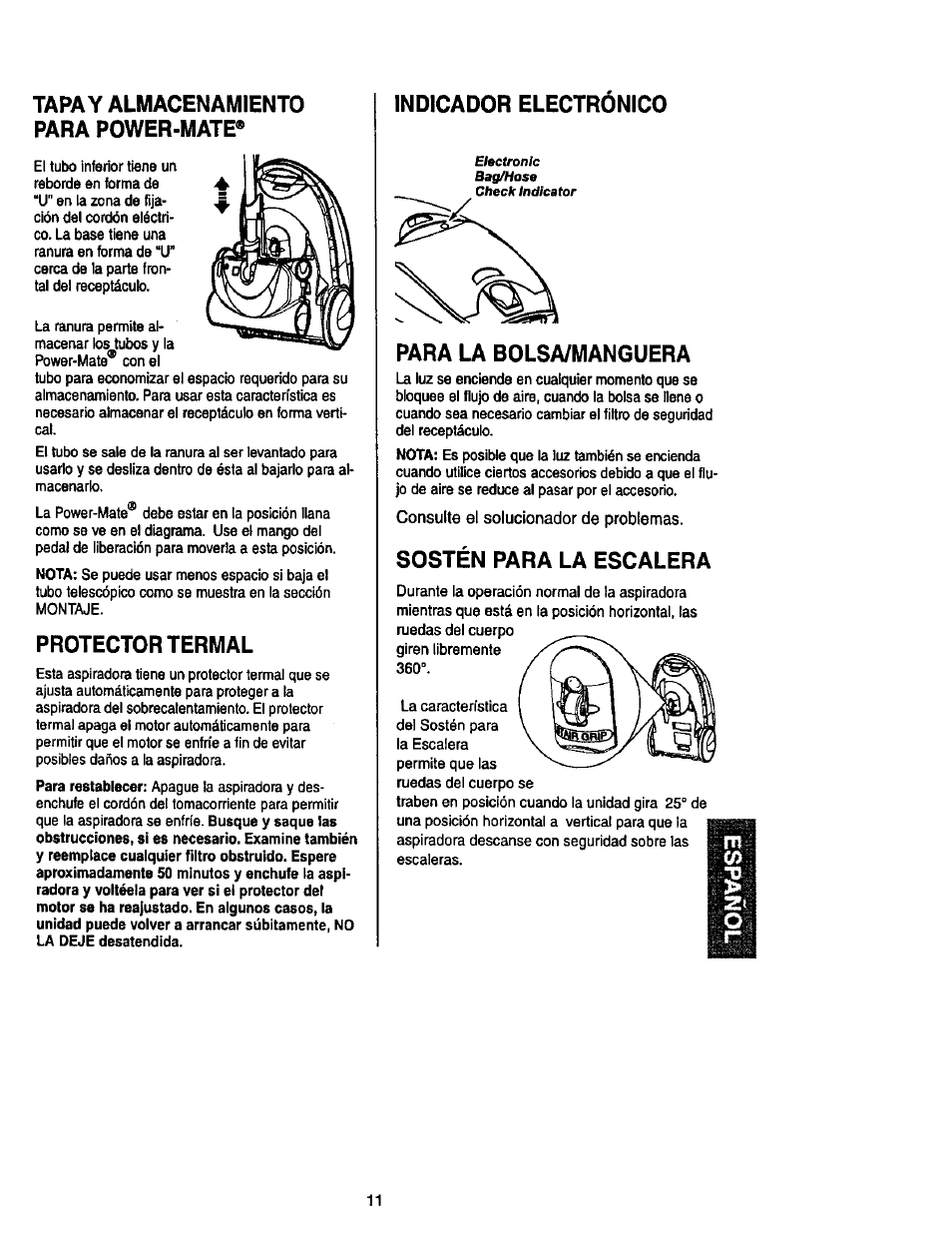 Тара y almacenamiento para power-mate, Protector termal, Indicador electronico | Para la bolsa/manguera, Consulte el soludonador de problemas, Sostén para la escalera | Kenmore 11 User Manual | Page 31 / 40