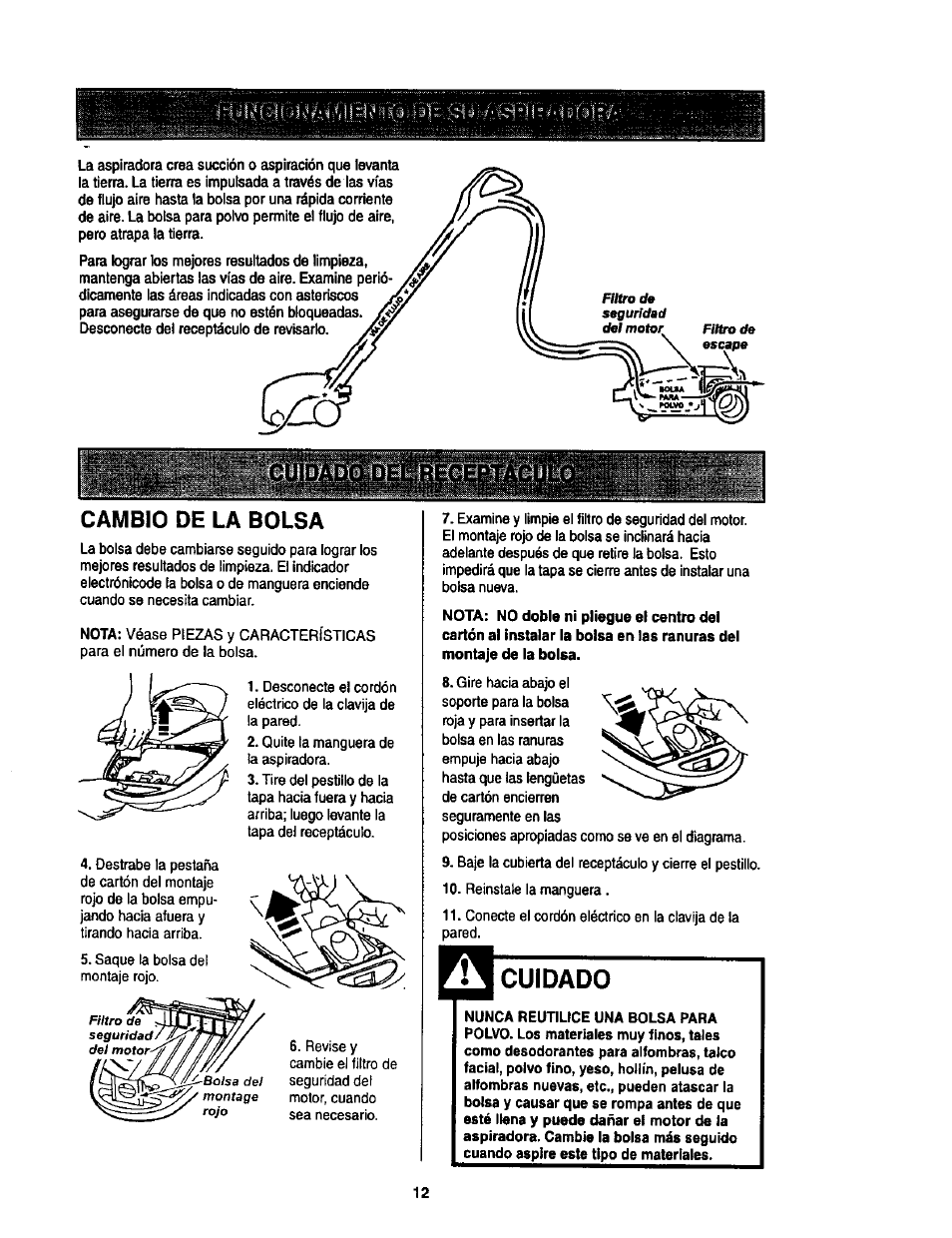 Cambio de la bolsa, Cuidado | Kenmore 11 User Manual | Page 32 / 40