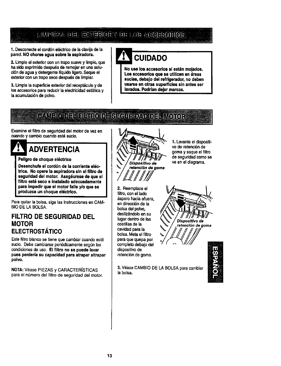 Cuidado, Advertencia, Filtro de seguridad del motor | Kenmore 11 User Manual | Page 33 / 40