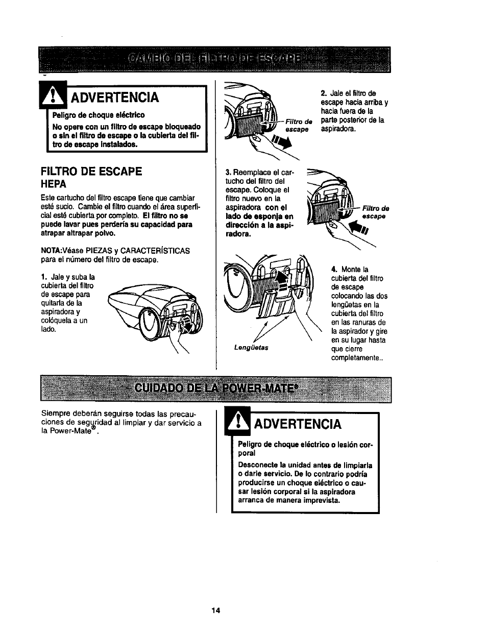 Advertencia, Filtro de escape hepa | Kenmore 11 User Manual | Page 34 / 40