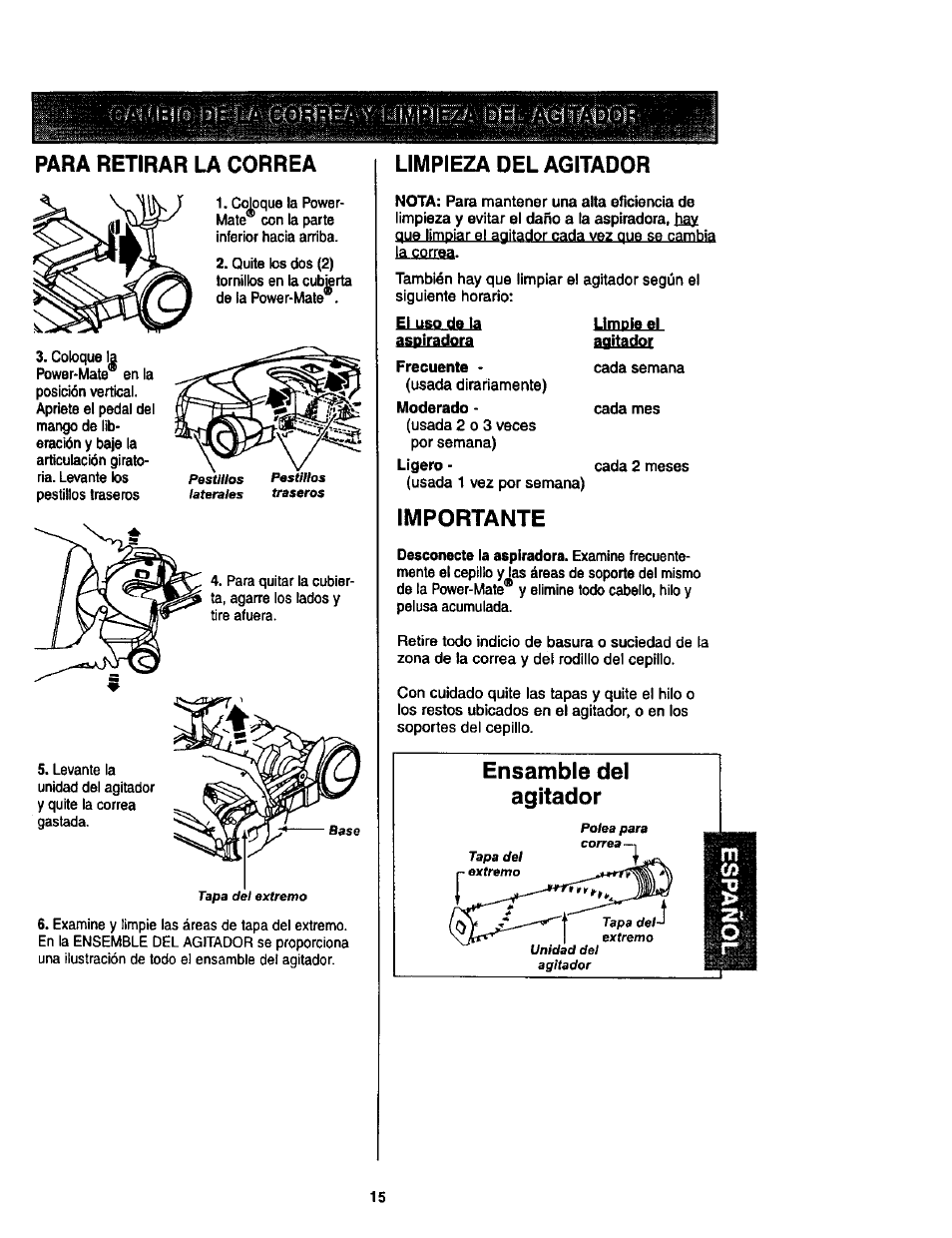 Para retirar la correa, Limpieza del agitador, Importante | Ensamble del agitador | Kenmore 11 User Manual | Page 35 / 40