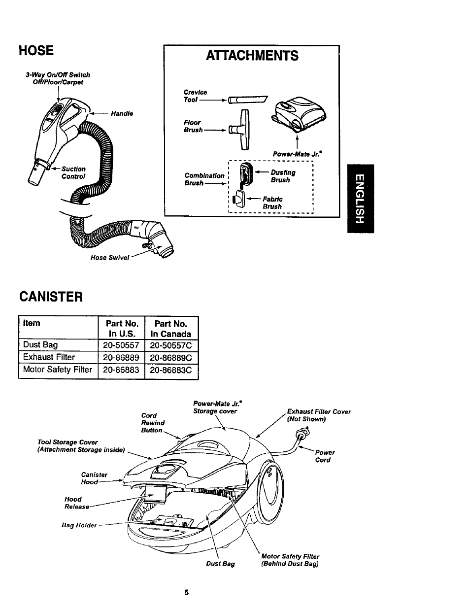 Hose, Attachments, Canister | Kenmore 11 User Manual | Page 5 / 40