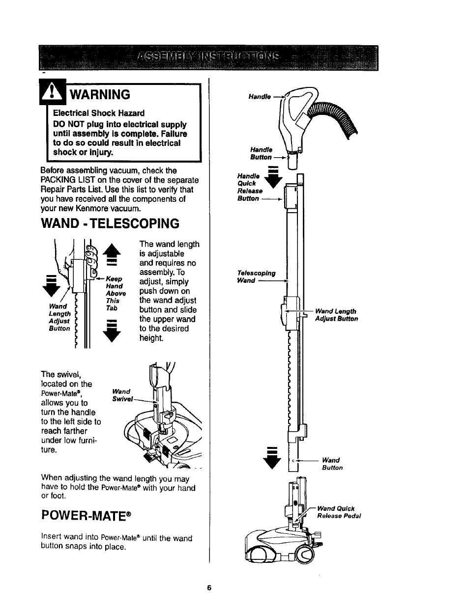 Warning, Wand-telescoping, Power-mate | Kenmore 11 User Manual | Page 6 / 40