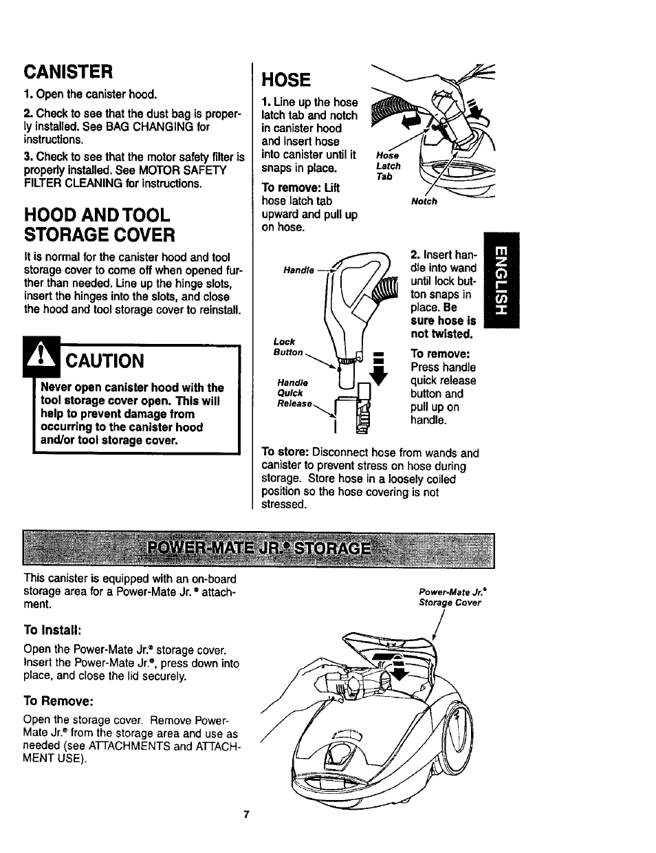 Canister, Hood and tool storage cover, Caution | Hose, Jr.* storage | Kenmore 11 User Manual | Page 7 / 40