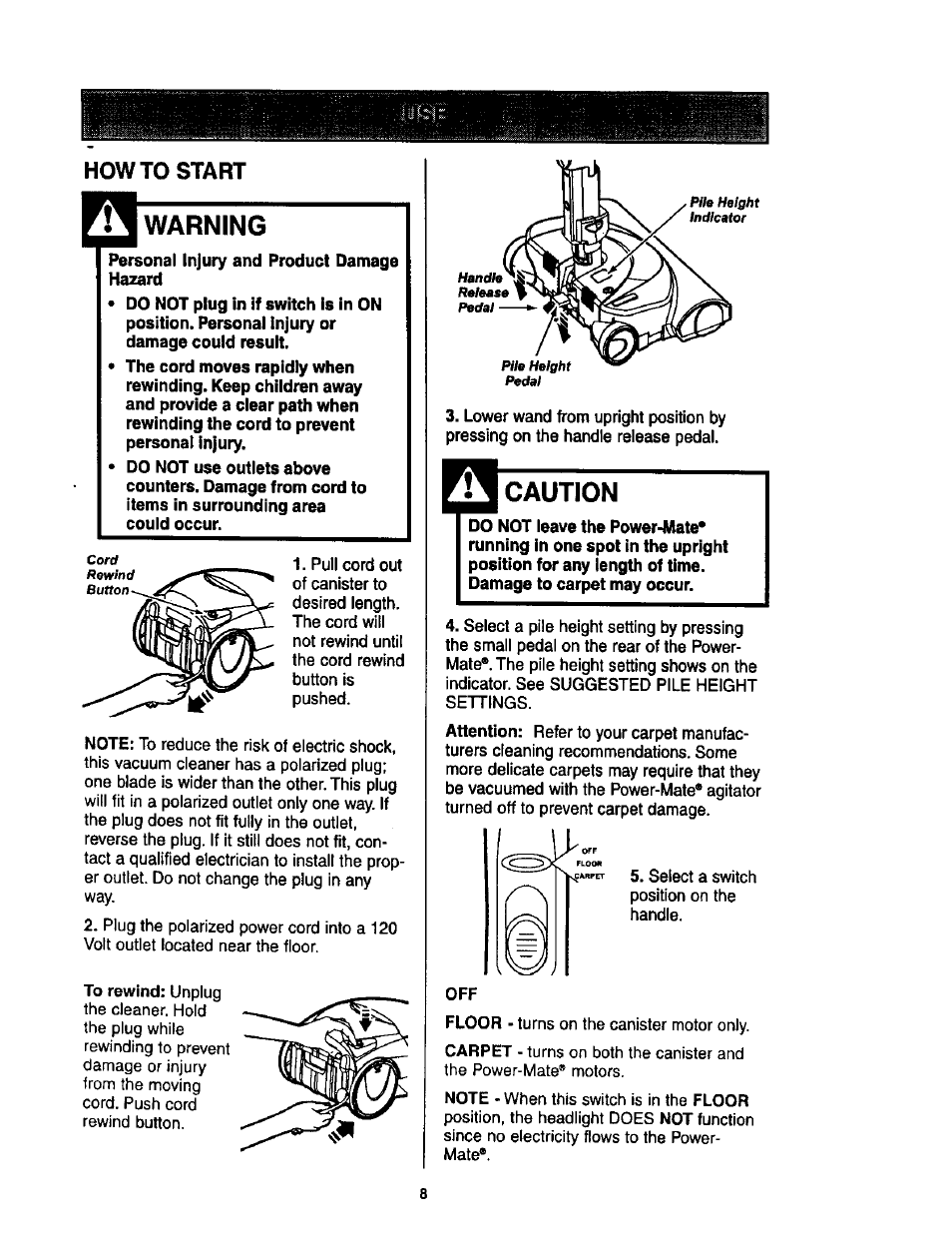 Howto start, Warning, Caution | How to start | Kenmore 11 User Manual | Page 8 / 40