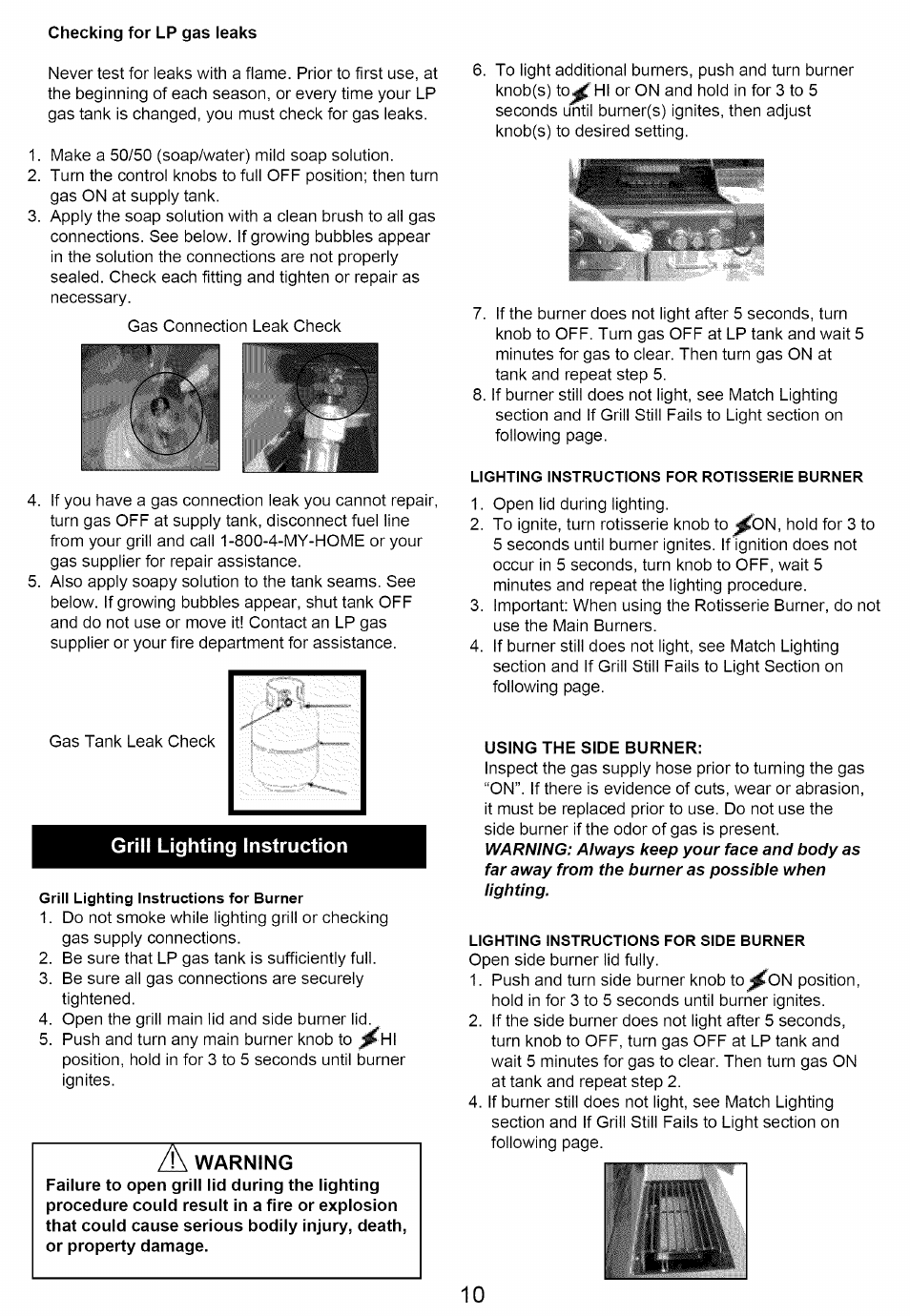 Checking for lp gas leaks, Grill lighting instruction, Using the side burner | Warning, Li i | Kenmore 640-82960819-9 User Manual | Page 10 / 18