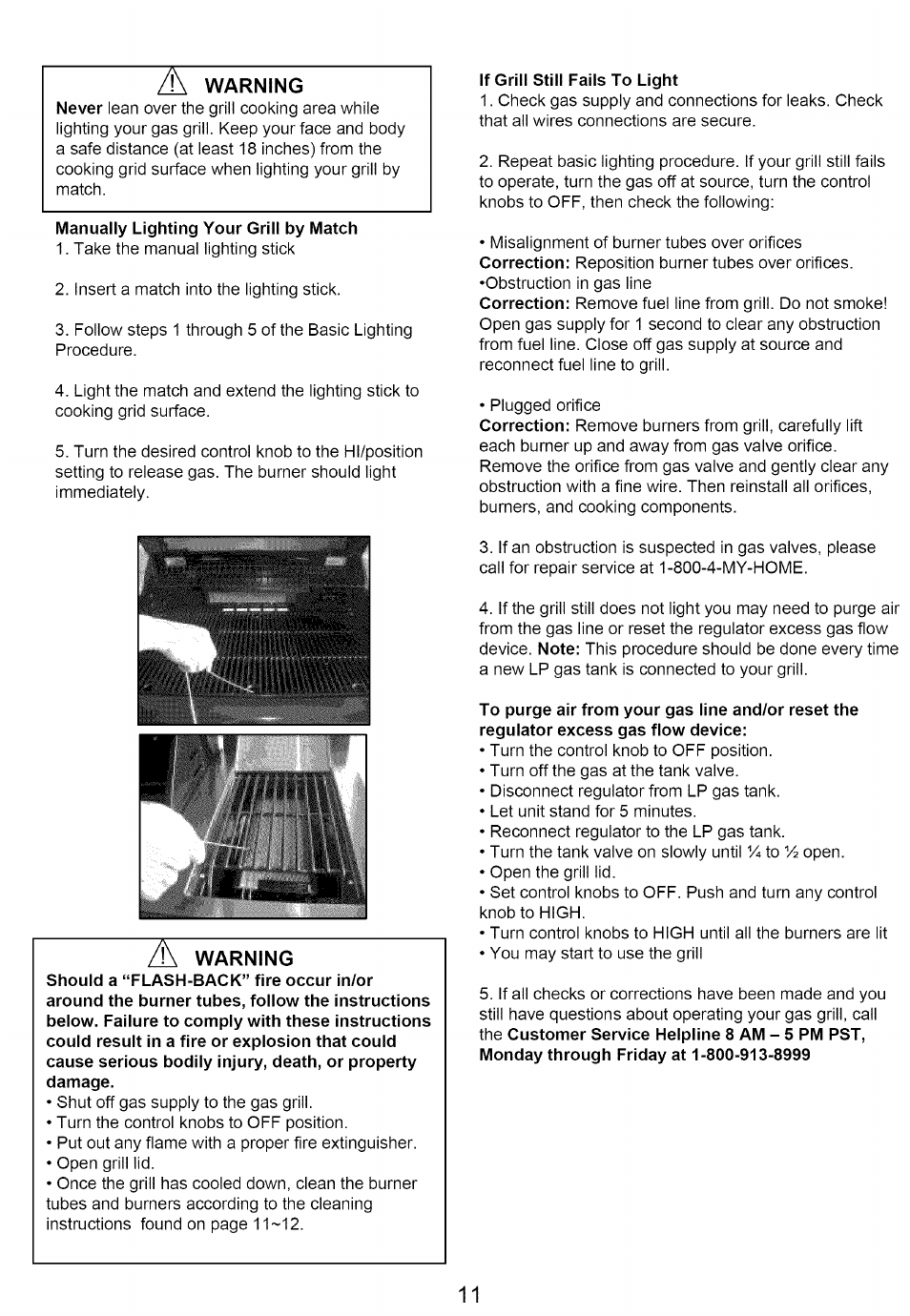 Manually lighting your grill by match, If grill still fails to light, Warning | Kenmore 640-82960819-9 User Manual | Page 11 / 18