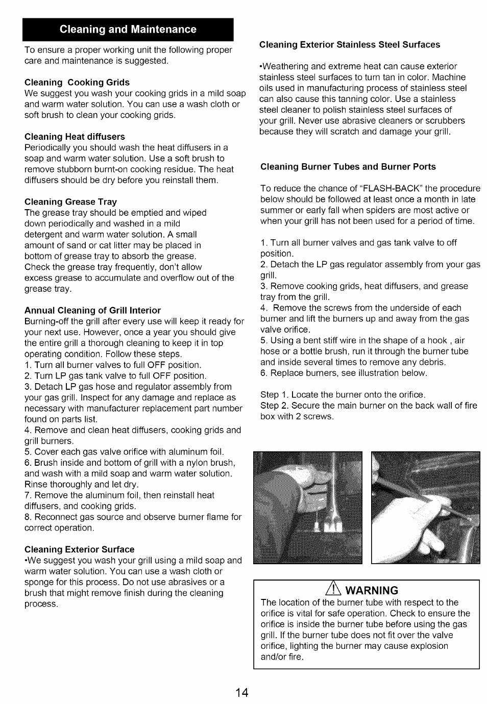 Cleaning and maintenance, Cleaning cooking grids, Cleaning heat diffusers | Cleaning grease tray, Annual cleaning of grill interior, Cleaning exterior surface, Cleaning burner tubes and burner ports, Warning, Cleaning exterior stainless steel surfaces | Kenmore 640-82960819-9 User Manual | Page 14 / 18