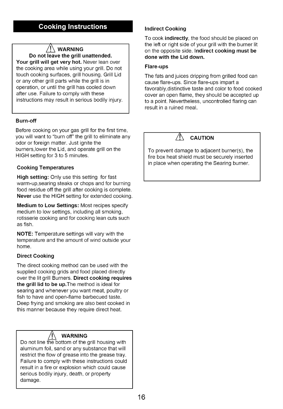 Burn-off, Cooking temperatures, Cooking instructions | Kenmore 640-82960819-9 User Manual | Page 16 / 18