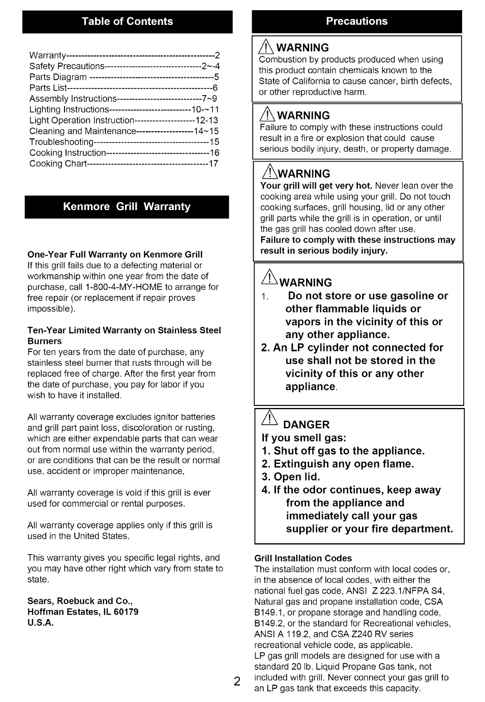 Kenmore grill warranty, One-year full warranty on kenmore grill, Sears, roebuck and co | Grill installation codes, Warning | Kenmore 640-82960819-9 User Manual | Page 2 / 18