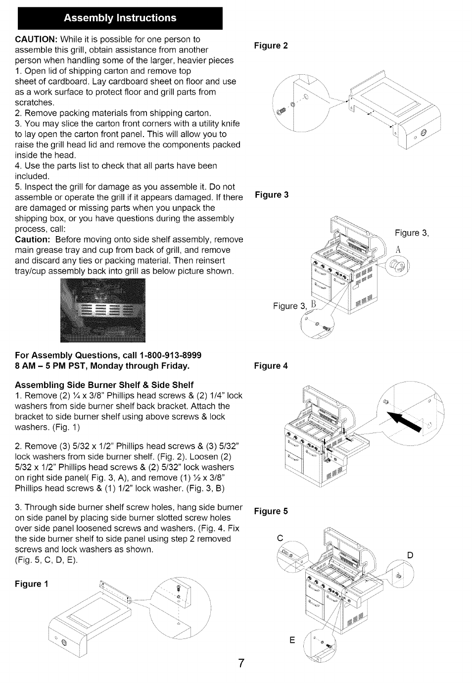 Assembly instructions, Figure 3, Figure 4 | Assembling side burner shelf & side shelf, Figure 5 | Kenmore 640-82960819-9 User Manual | Page 7 / 18