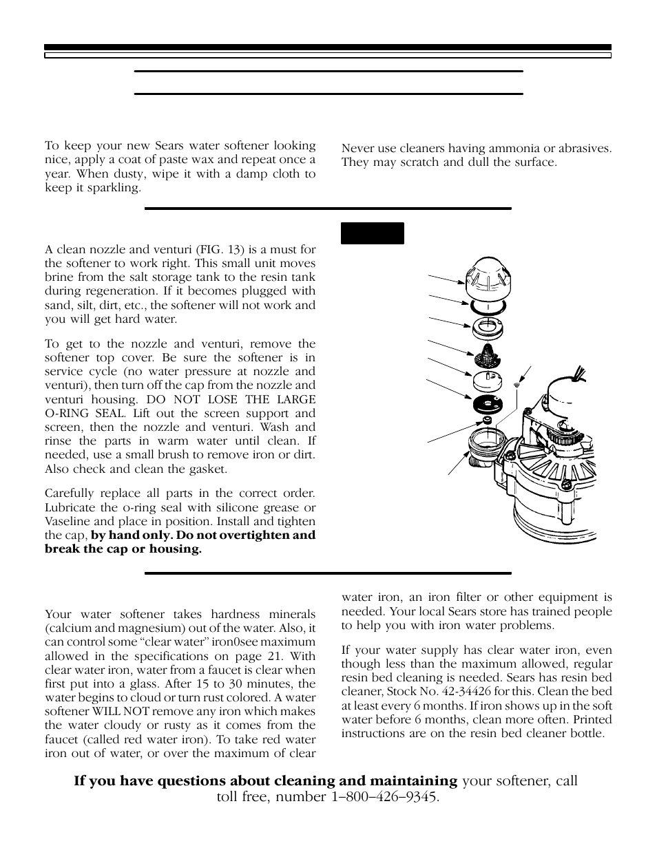 Care of your softener, 3b. keeping the water softener clean, Fig. 13 | Kenmore 625.3483500 User Manual | Page 15 / 36
