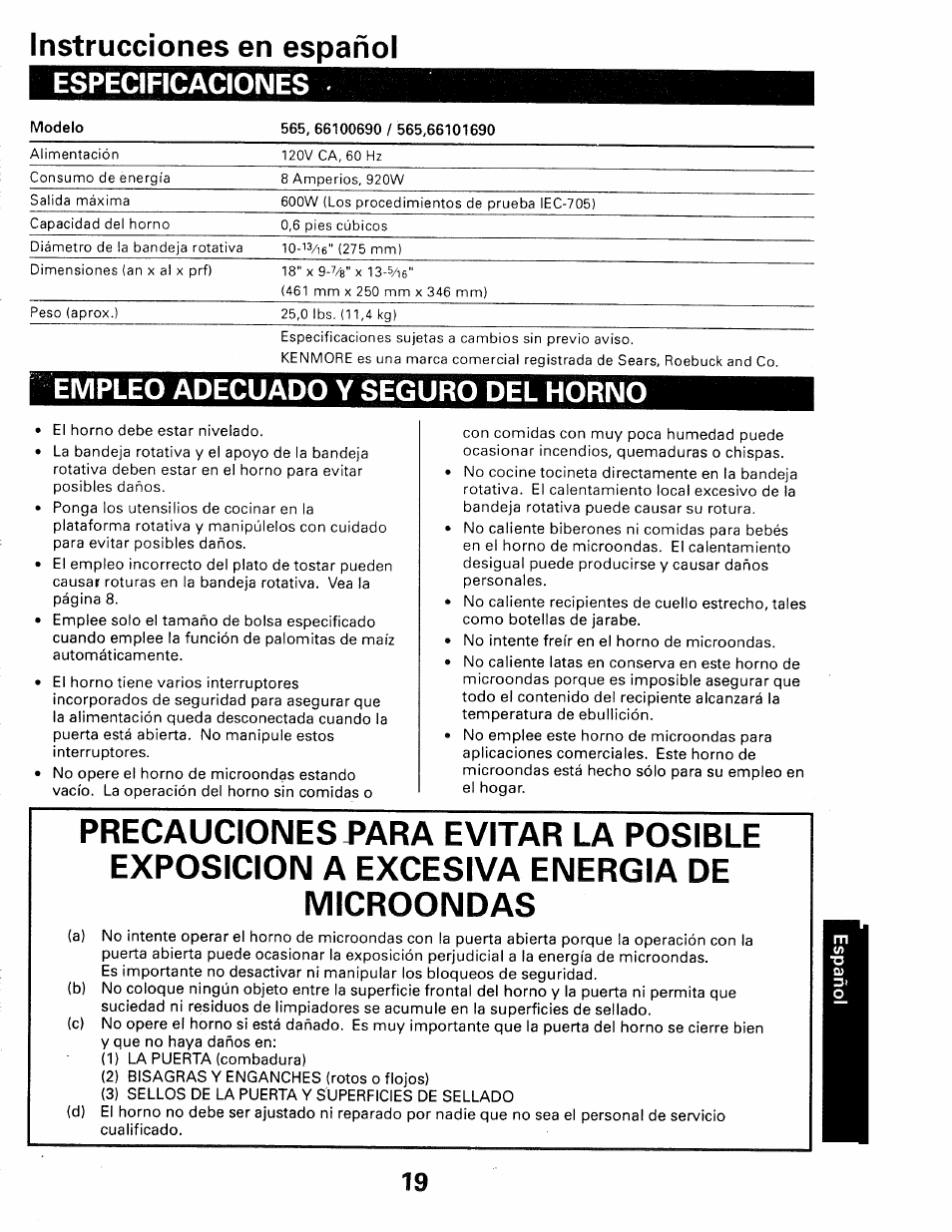 Instrucciones en español, Microondas, Precauciones para evitar la posible | Esposicion a excesiva energia de microondas, Especificaciones, Empleo adecuado y seguro del horno | Kenmore 565.66101690 User Manual | Page 117 / 160