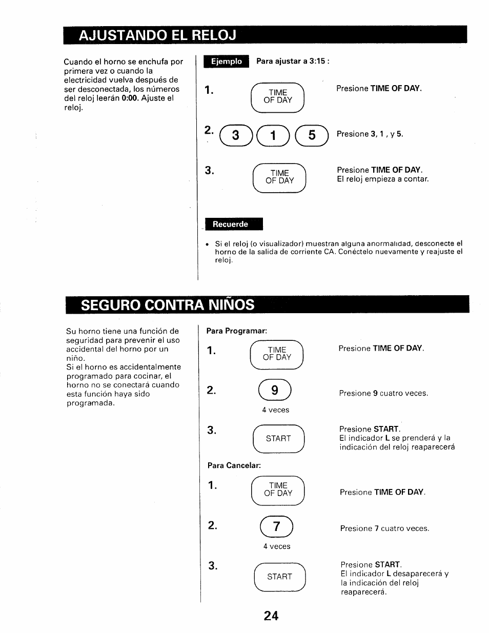 Ajustando el reloj, Ejemplo, Para ajustar a 3:15 | Recuerde, Seguro contra ninos, Ajustando el reloj seguro contra niños | Kenmore 565.66101690 User Manual | Page 122 / 160