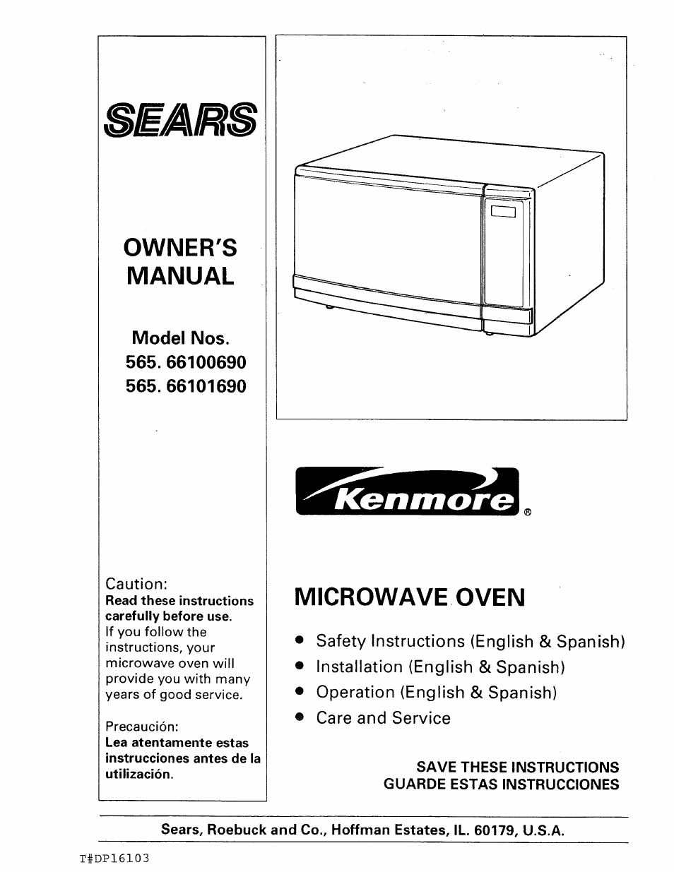 Owner's, Manual, Microwave oven | Safety instructions (english & spanish), Installation (english & spanish), Operation (english & spanish), Care and service, Kenmorg, Owner's manual | Kenmore 565.66101690 User Manual | Page 129 / 160