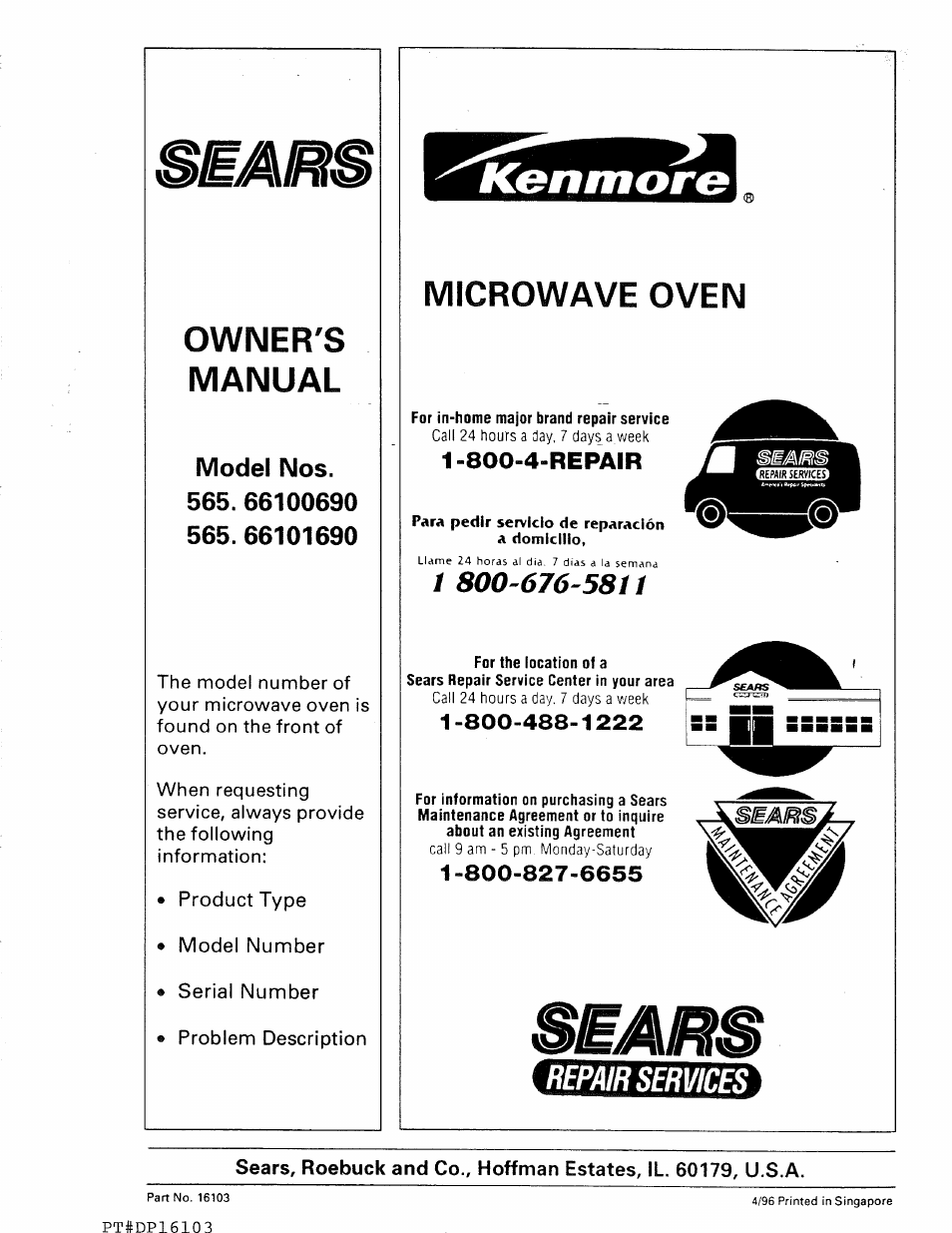 Owner's, Manual, Microwave oven | Repair services, Owner's manual, Model nos. 565 | Kenmore 565.66101690 User Manual | Page 160 / 160