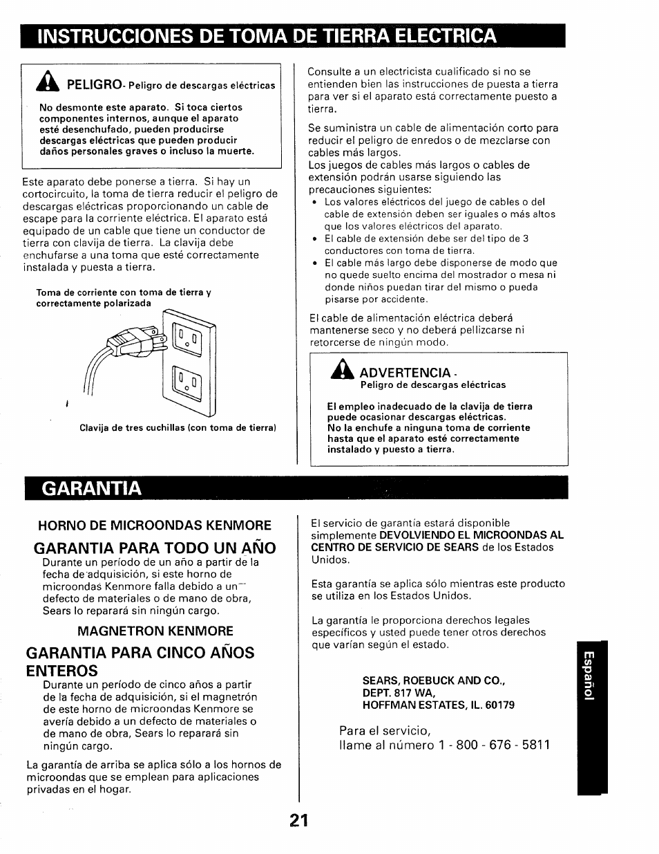 Instrucciones de toma de tierra electrica, Garantia, Garantie | Garantia para todo un año, Garantia para cinco años enteros | Kenmore 565.66101690 User Manual | Page 23 / 160