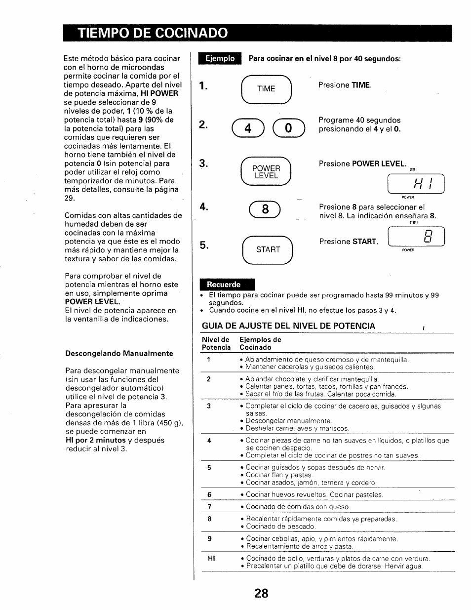 Tiempo de cocinado, Descongelando manualmente, Ejemplo | Para cocinar en el nivel 8 por 40 segundos, Time, Presione time, N. programe 40 segundos, Power, Level, Presione power level | Kenmore 565.66101690 User Manual | Page 30 / 160