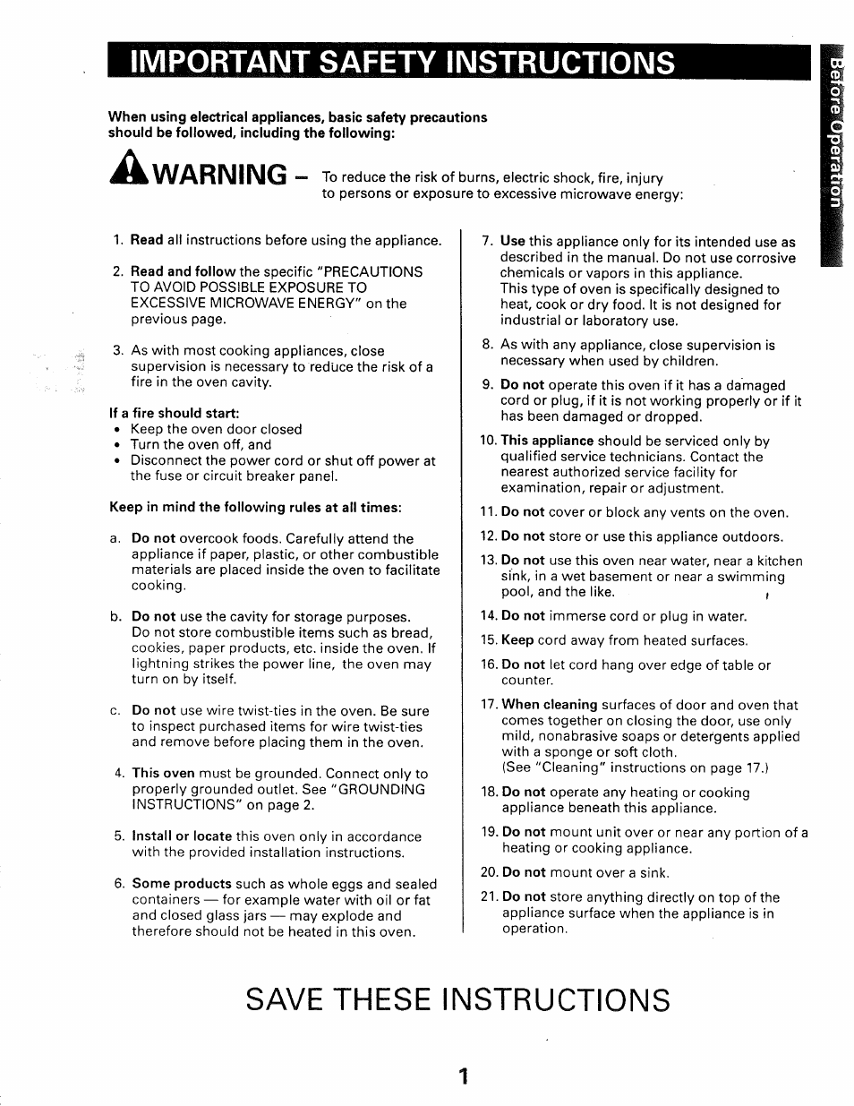 Important safety instructions, If a fire should start, Keep in mind the following rules at all times | Save these instructions, Warning | Kenmore 565.66101690 User Manual | Page 35 / 160