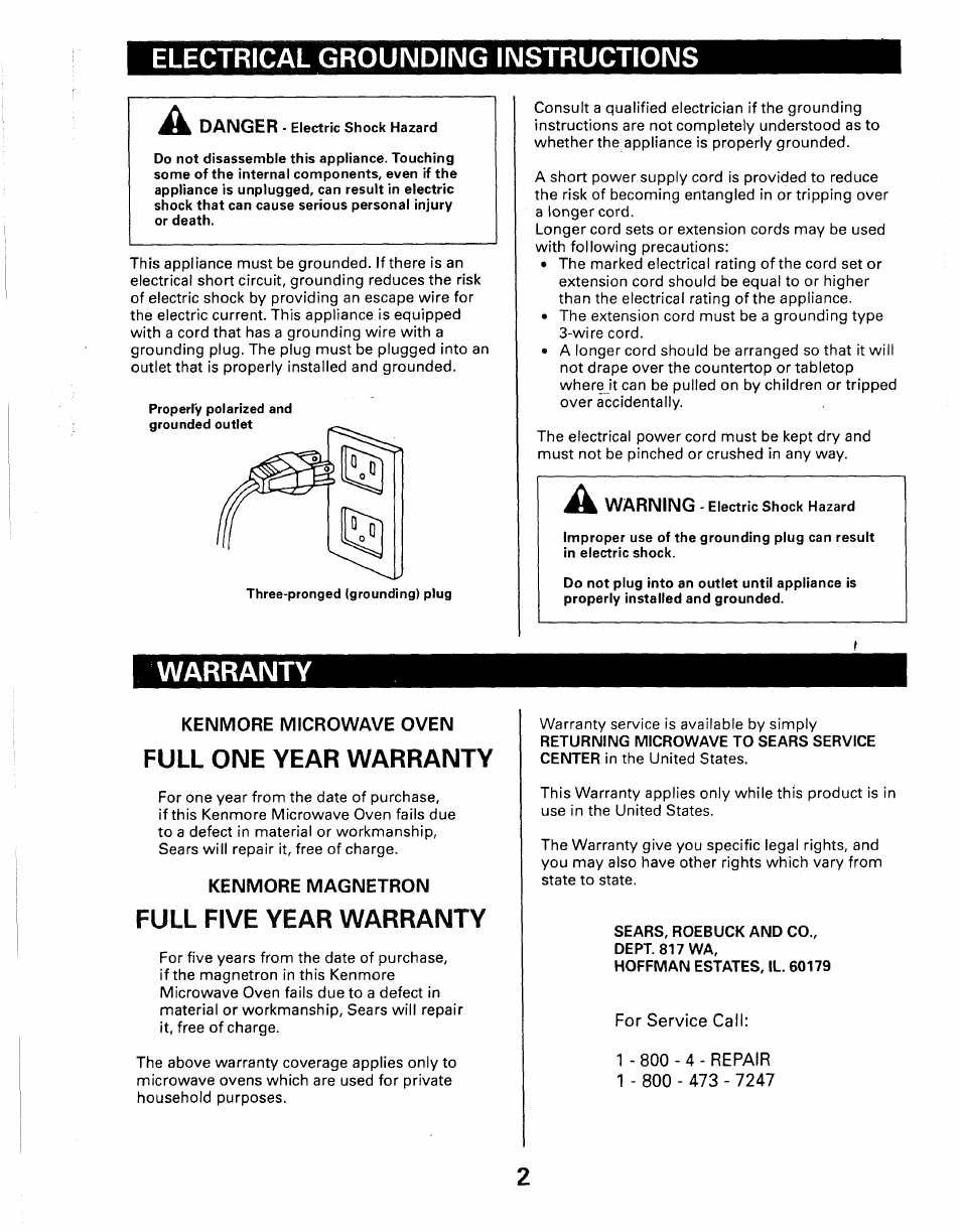 Electrical grounding instructions, Warranty, Full five year warranty | Full one year warranty | Kenmore 565.66101690 User Manual | Page 36 / 160