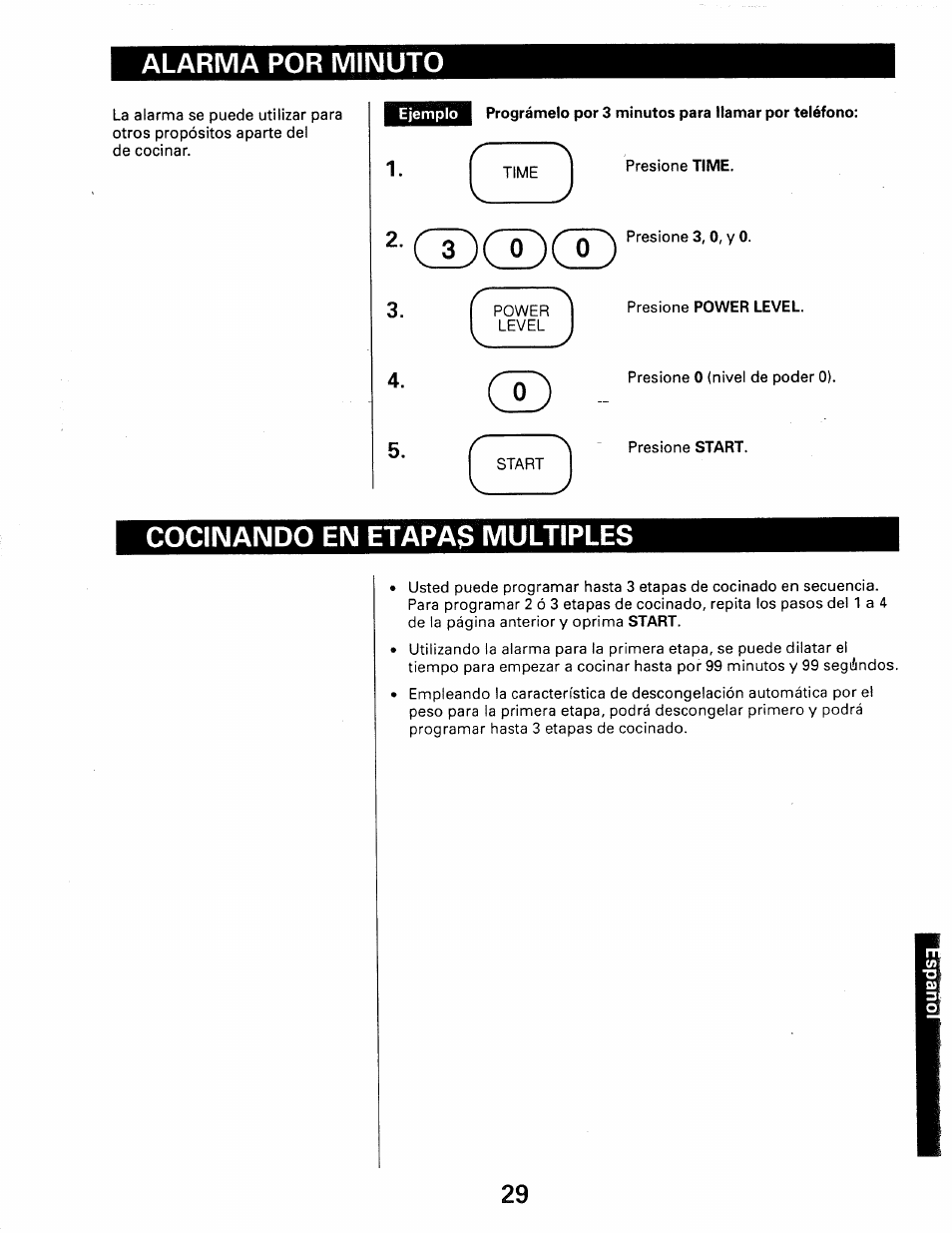 Alarma por minuto, Ejemplo, Prográmelo por 3 minutos para llamar por teléfono | Cocinando en etapa$ multiples, Cocinando en etapas multiples | Kenmore 565.66101690 User Manual | Page 63 / 160