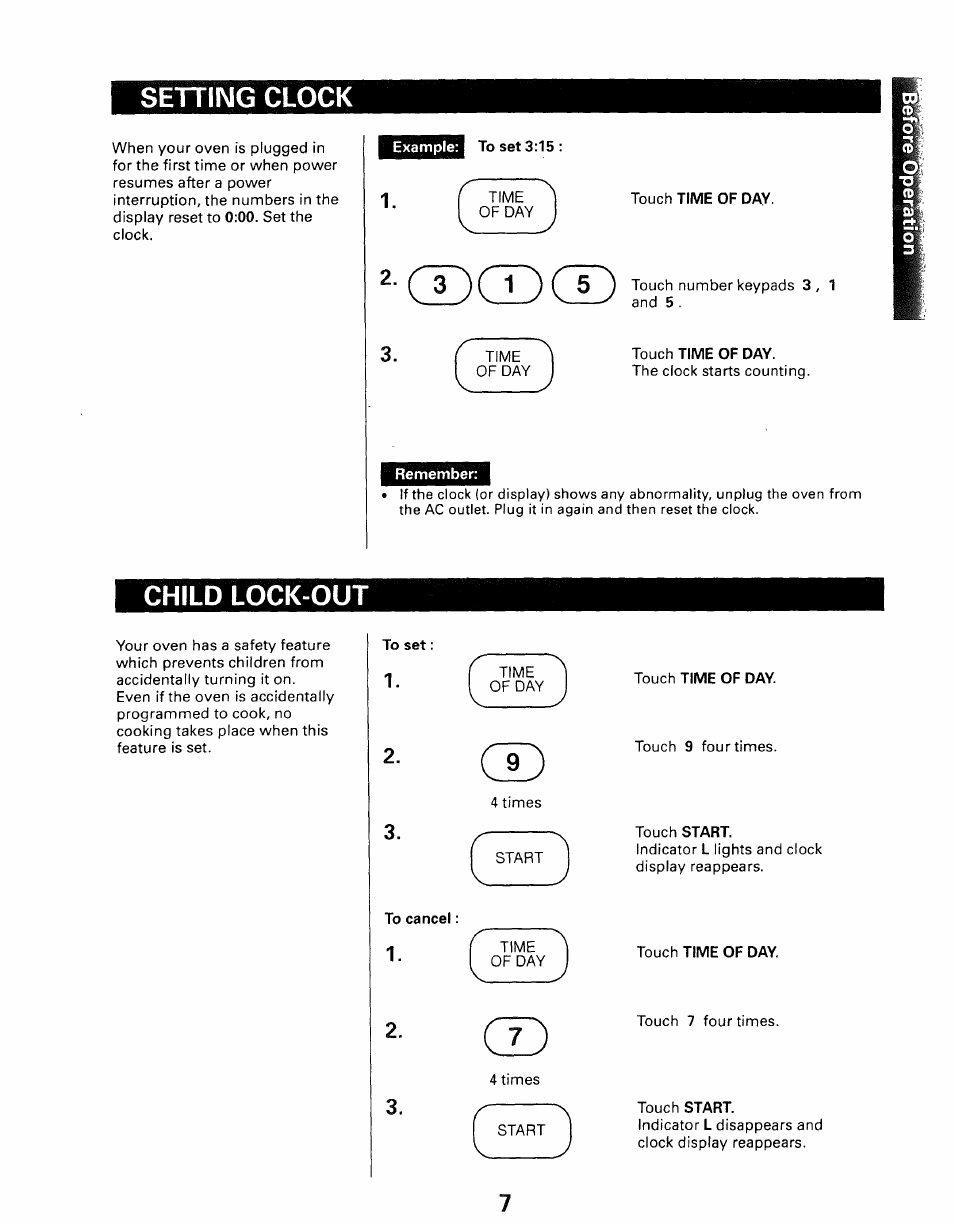 Setting clock, Touch time of day, Remember | Child lock-out, To set, To cancel, Setting clock child lock-out | Kenmore 565.66101690 User Manual | Page 73 / 160