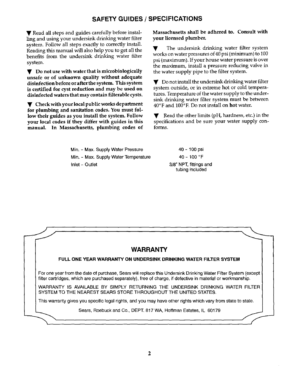 Safety guides / specifications, Warranty | Kenmore 625.384600 User Manual | Page 2 / 12