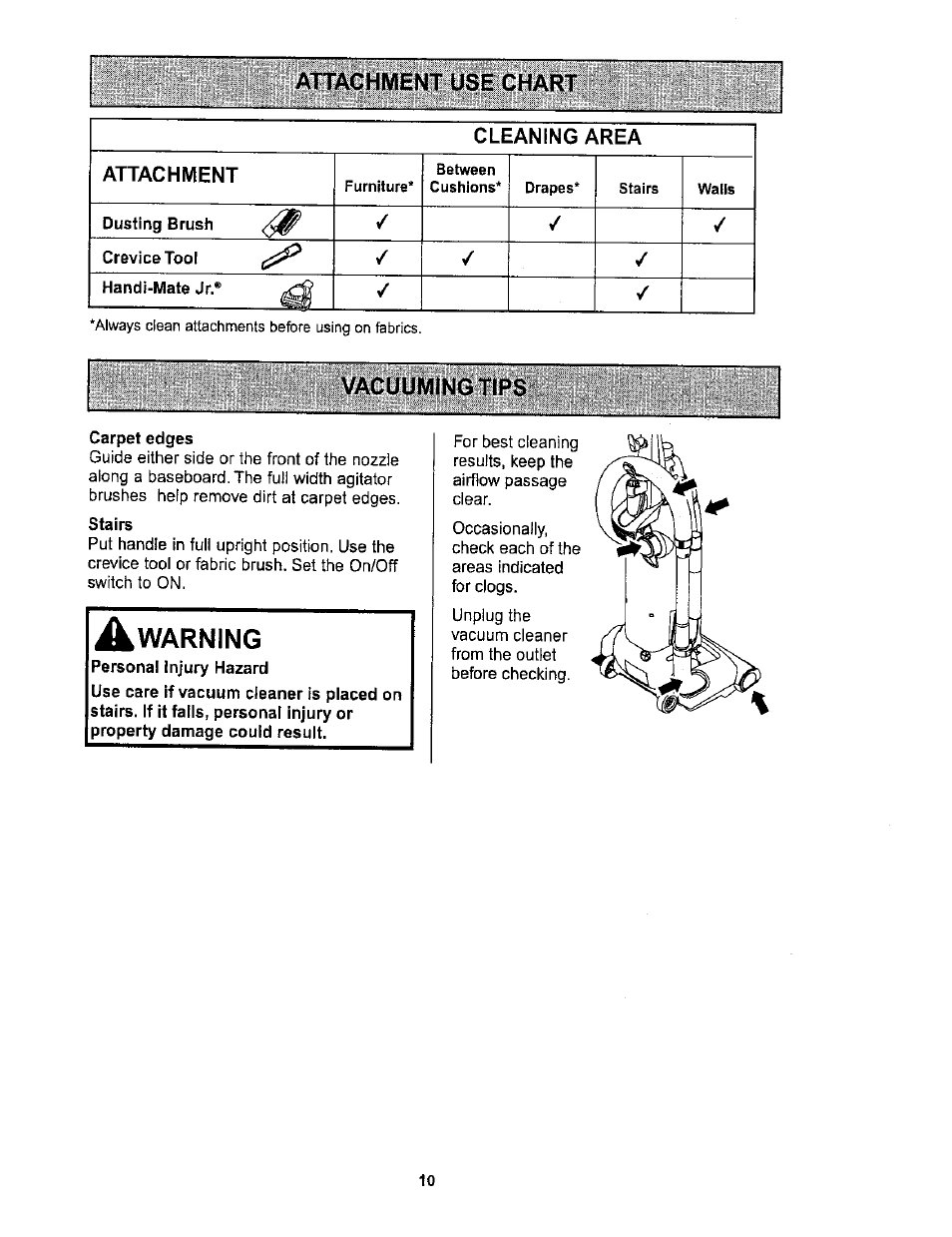 Vacuuming tips, Warning, Cleaning area attachment | Attachment use chart | Kenmore ASPIRADORA 116.36722 User Manual | Page 10 / 25