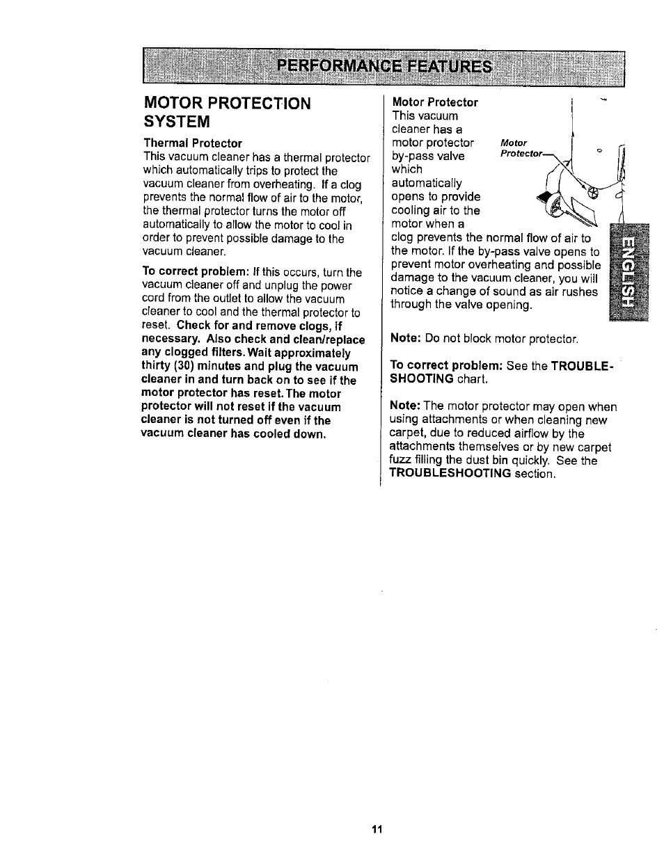 Performance features, Performance features motor protection system | Kenmore ASPIRADORA 116.36722 User Manual | Page 11 / 25